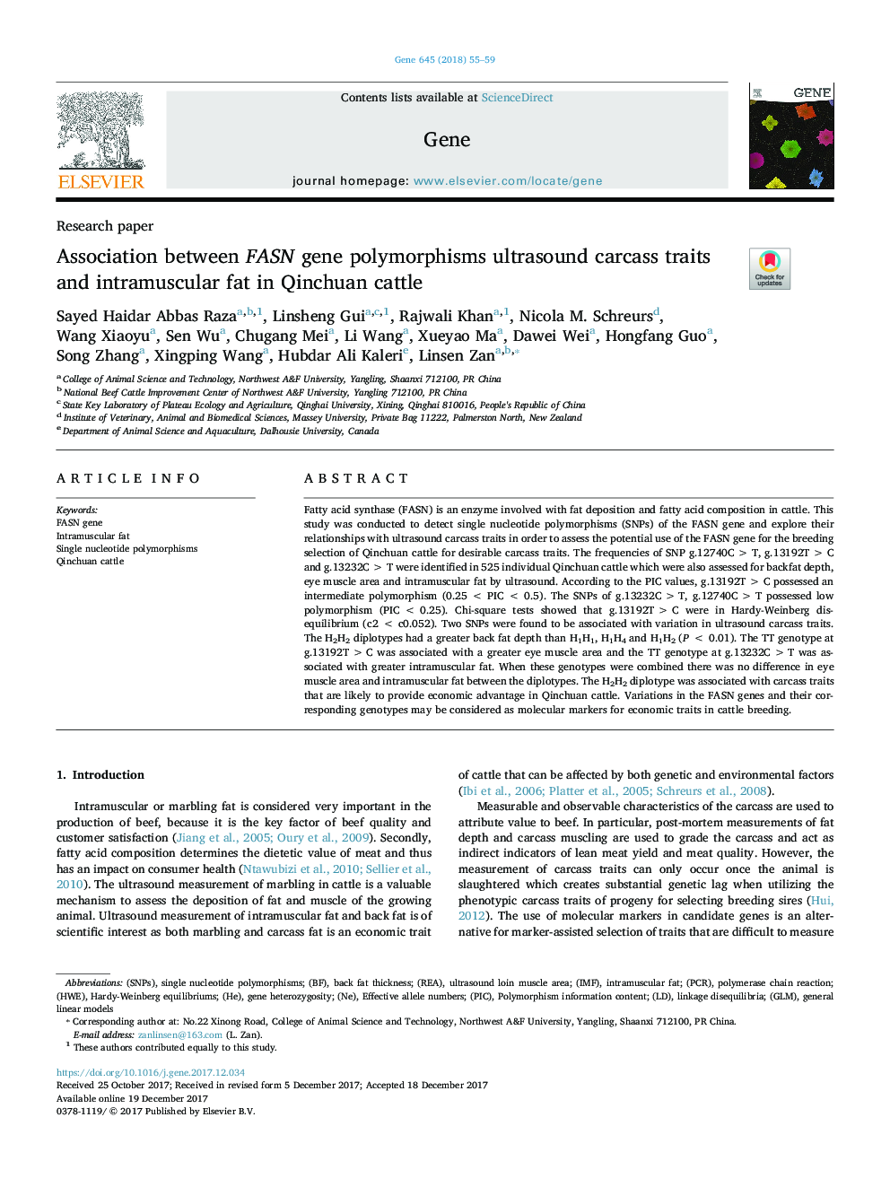 Association between FASN gene polymorphisms ultrasound carcass traits and intramuscular fat in Qinchuan cattle