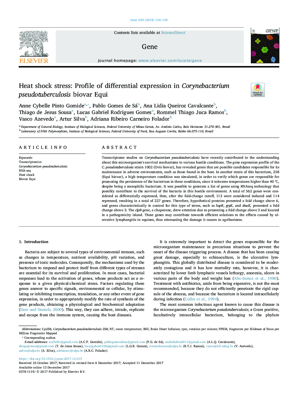 Heat shock stress: Profile of differential expression in Corynebacterium pseudotuberculosis biovar Equi