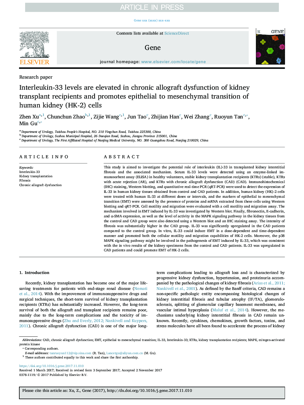 Interleukin-33 levels are elevated in chronic allograft dysfunction of kidney transplant recipients and promotes epithelial to mesenchymal transition of human kidney (HK-2) cells