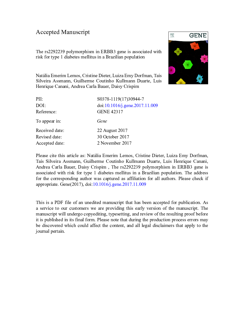 The rs2292239 polymorphism in ERBB3 gene is associated with risk for type 1 diabetes mellitus in a Brazilian population