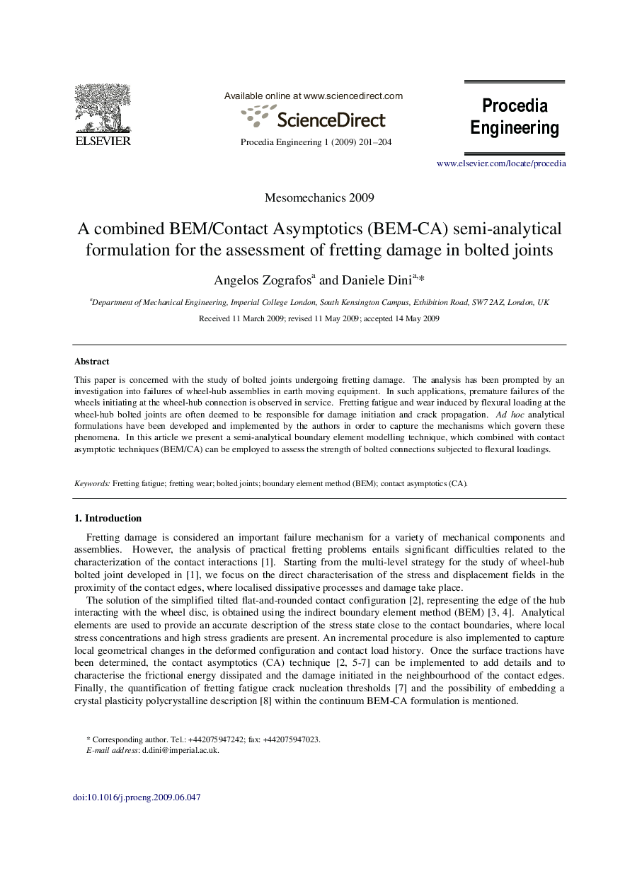 A combined BEM/Contact Asymptotics (BEM-CA) semi-analytical formulation for the assessment of fretting damage in bolted joints