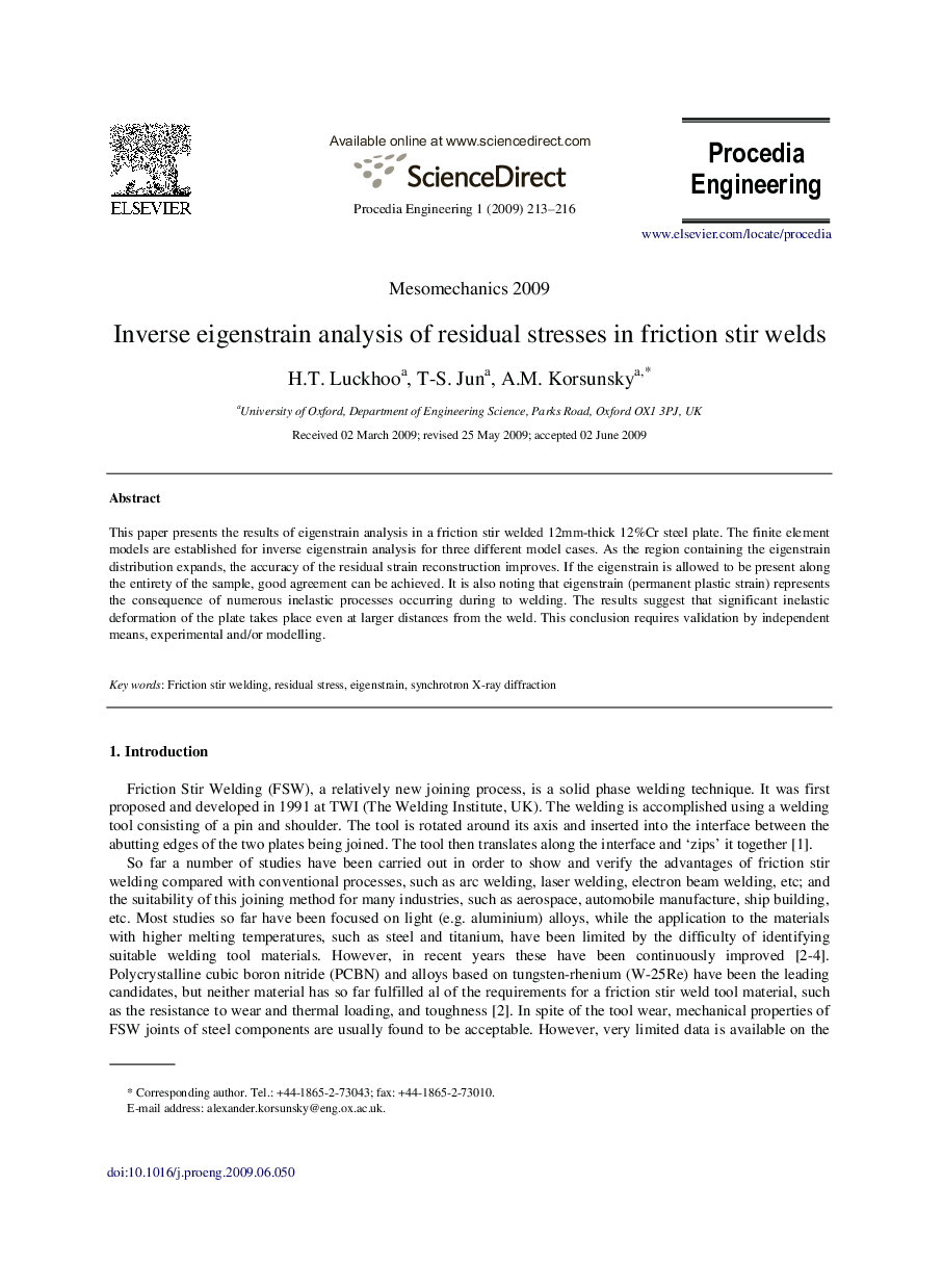 Inverse eigenstrain analysis of residual stresses in friction stir welds