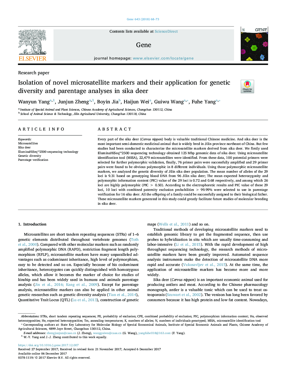 جداسازی مارکرهای ریزماهواره جدید و کاربرد آن برای تجزیه و تحلیل تنوع ژنتیکی و تجزیه و تحلیل خانواده در گوزن سیکا 