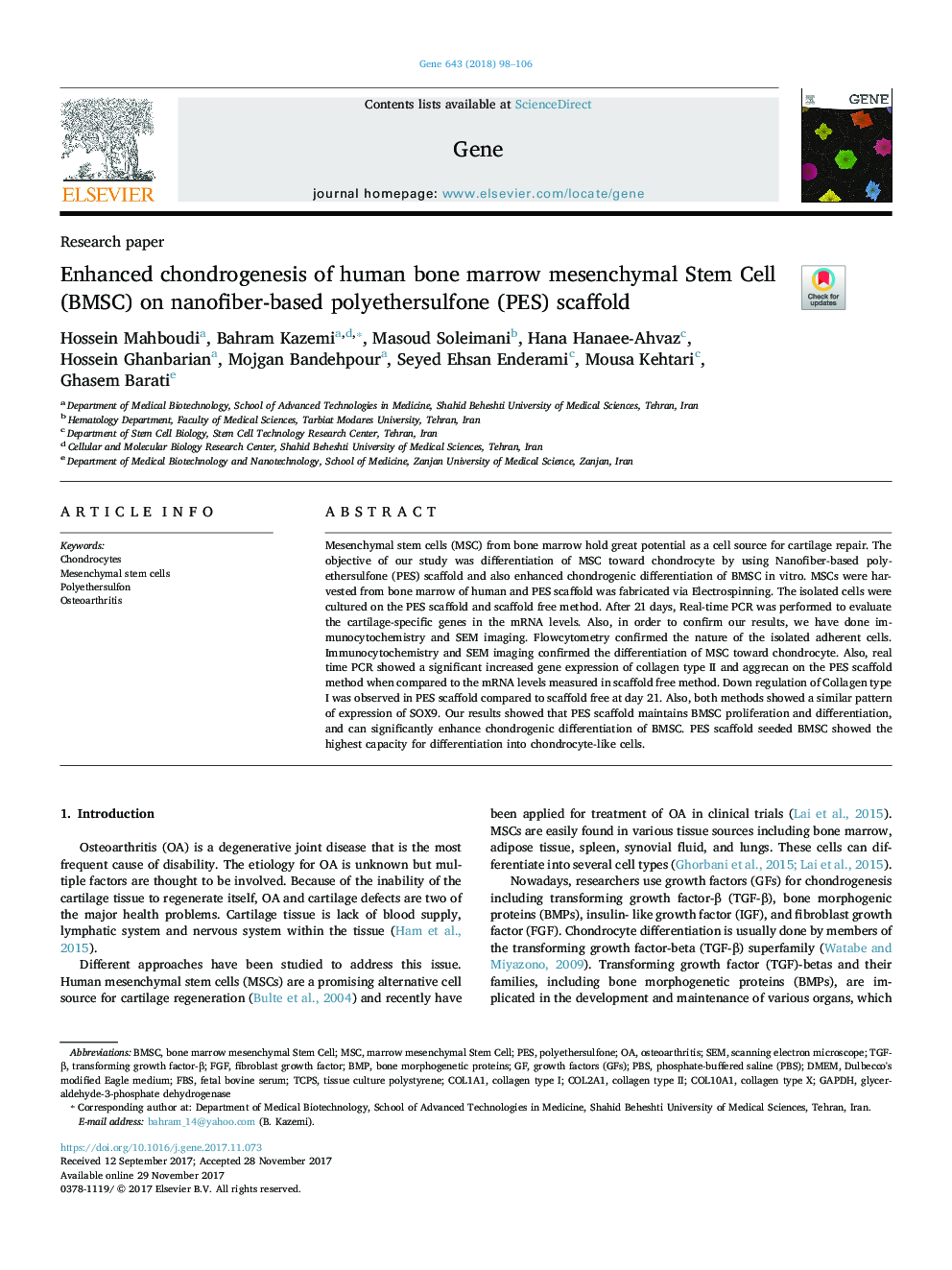 Enhanced chondrogenesis of human bone marrow mesenchymal Stem Cell (BMSC) on nanofiber-based polyethersulfone (PES) scaffold