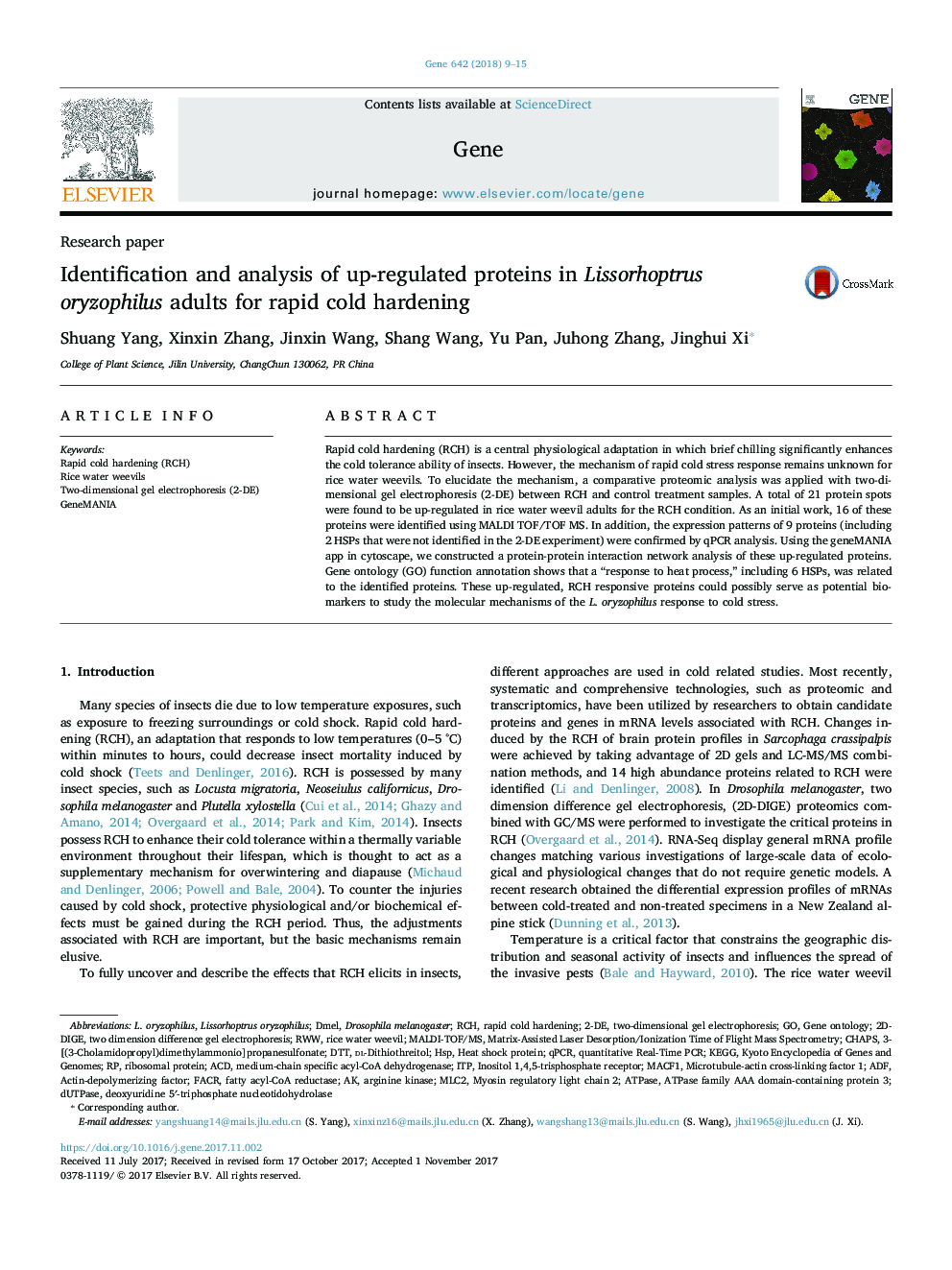 Identification and analysis of up-regulated proteins in Lissorhoptrus oryzophilus adults for rapid cold hardening