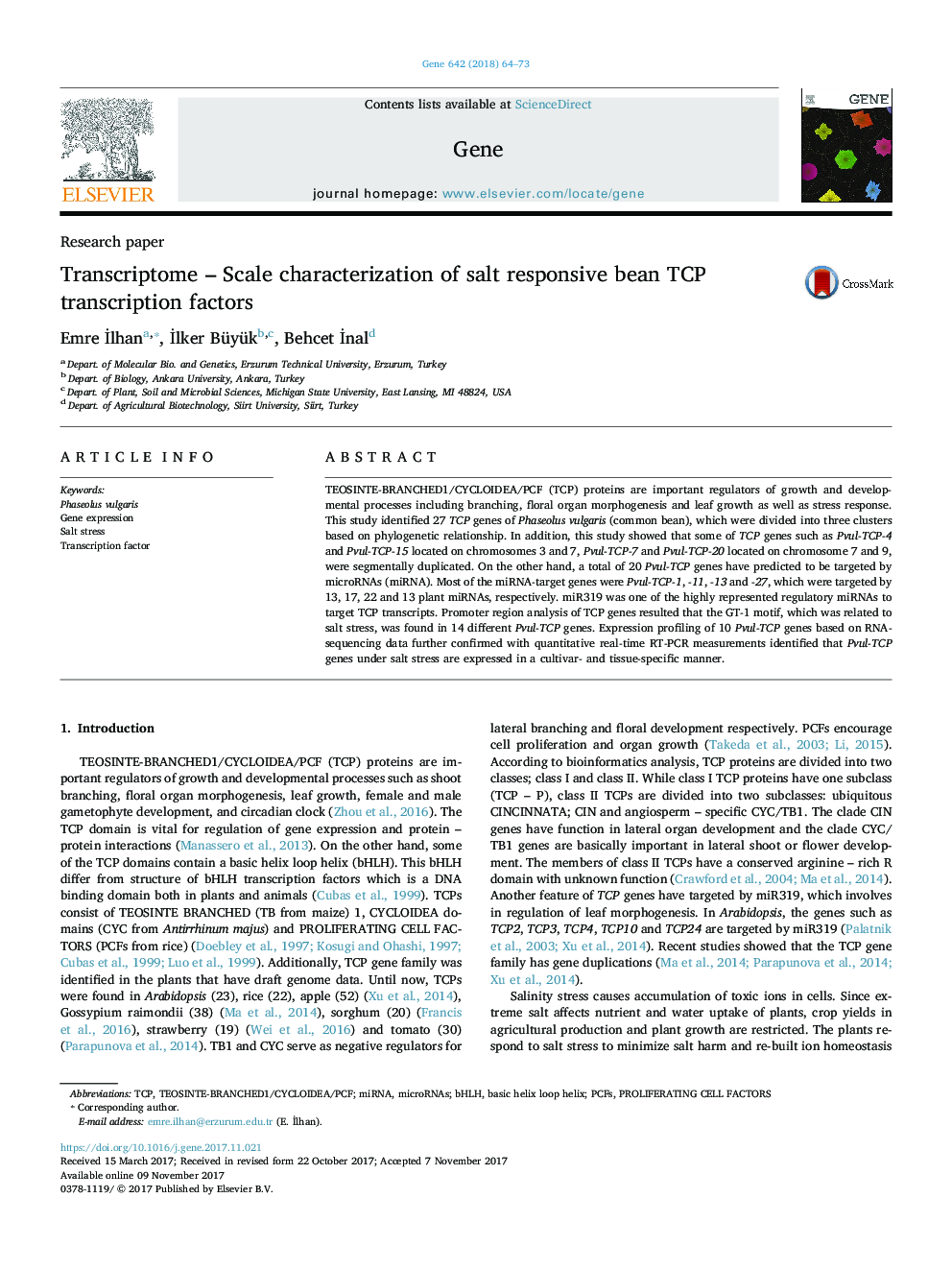 Transcriptome - Scale characterization of salt responsive bean TCP transcription factors