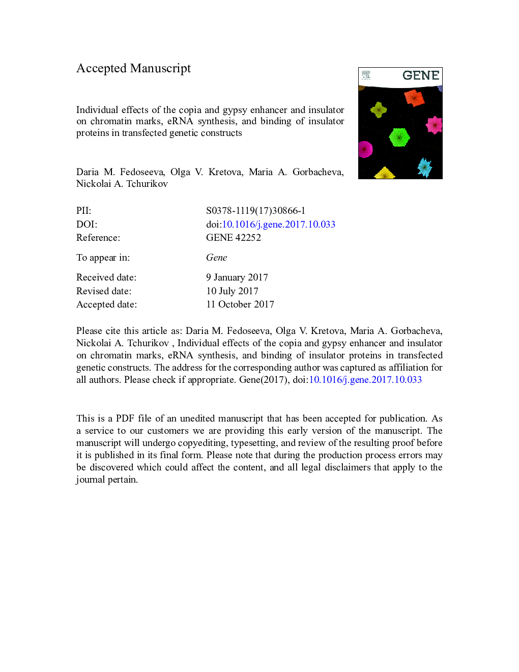 Individual effects of the copia and gypsy enhancer and insulator on chromatin marks, eRNA synthesis, and binding of insulator proteins in transfected genetic constructs