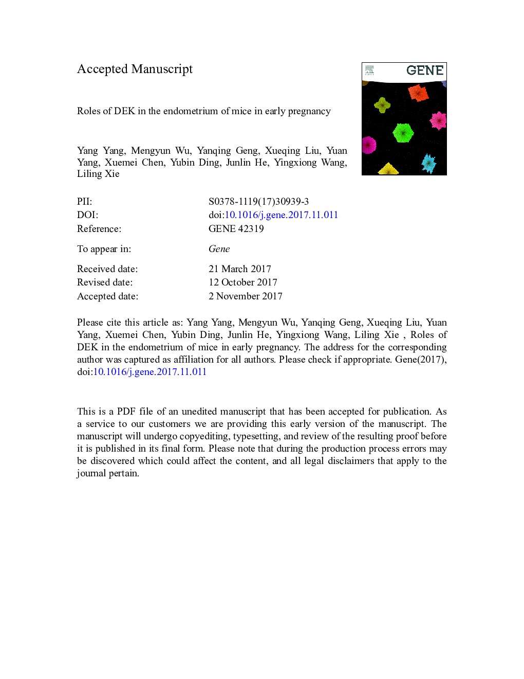 Roles of DEK in the endometrium of mice in early pregnancy