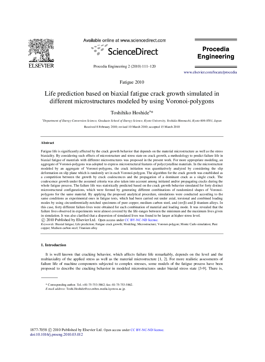 Life prediction based on biaxial fatigue crack growth simulated in different microstructures modeled by using Voronoi-polygons