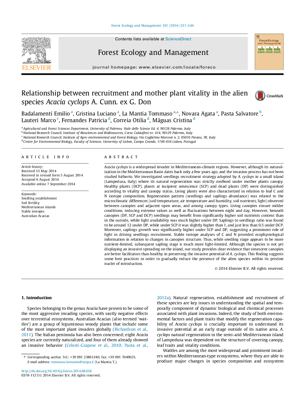 Relationship between recruitment and mother plant vitality in the alien species Acacia cyclops A. Cunn. ex G. Don