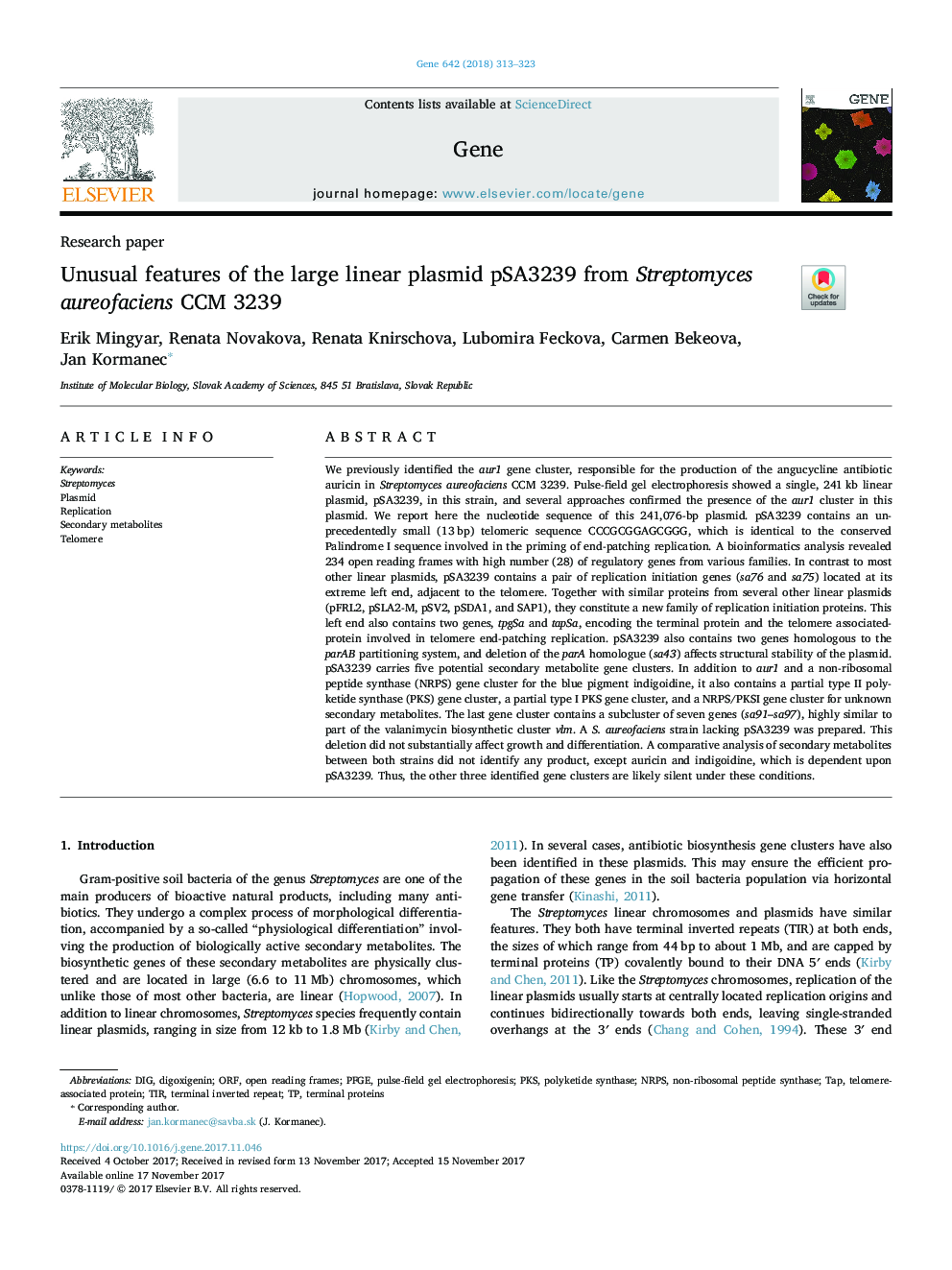 Unusual features of the large linear plasmid pSA3239 from Streptomyces aureofaciens CCM 3239