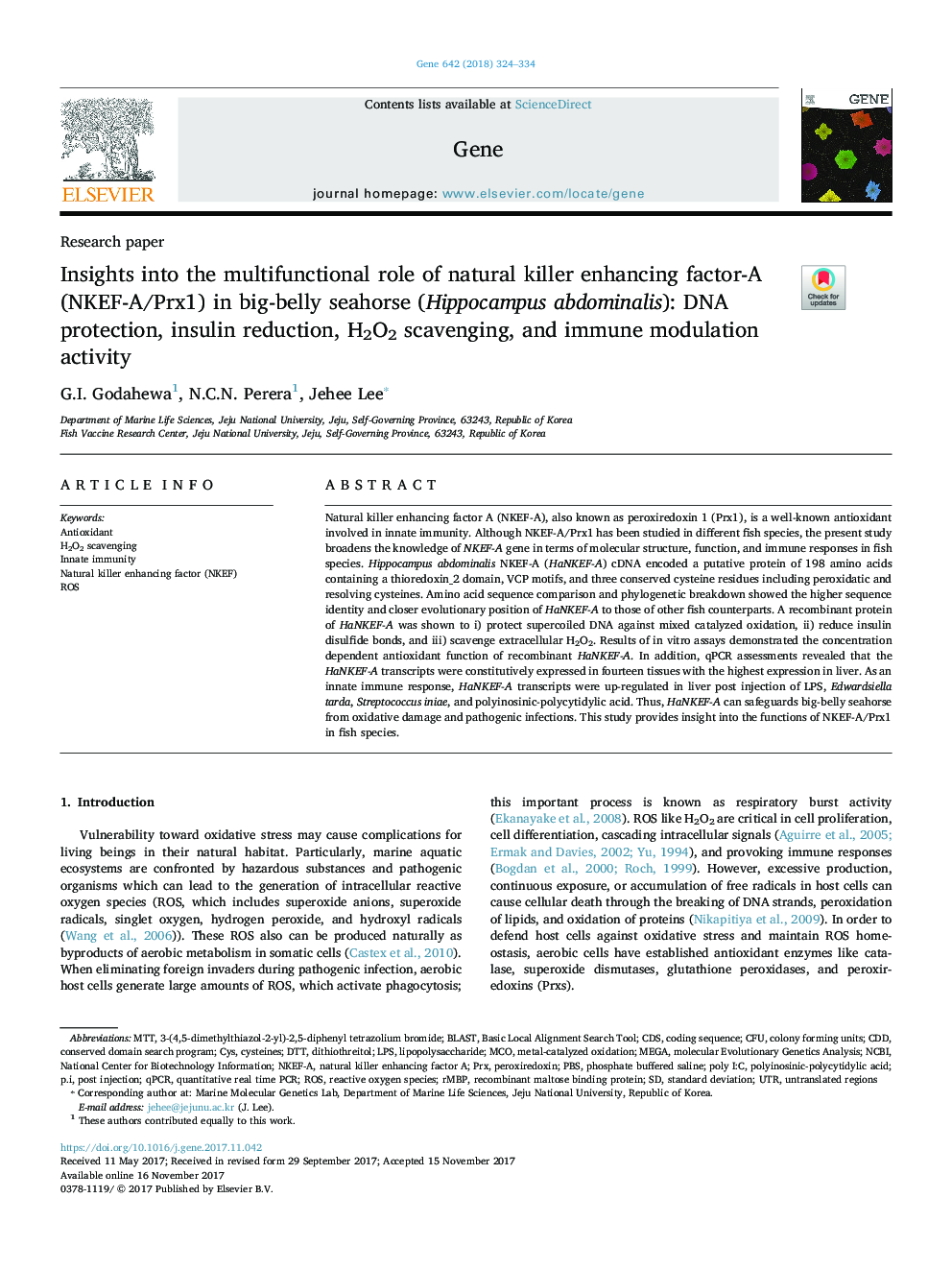 Insights into the multifunctional role of natural killer enhancing factor-A (NKEF-A/Prx1) in big-belly seahorse (Hippocampus abdominalis): DNA protection, insulin reduction, H2O2 scavenging, and immune modulation activity