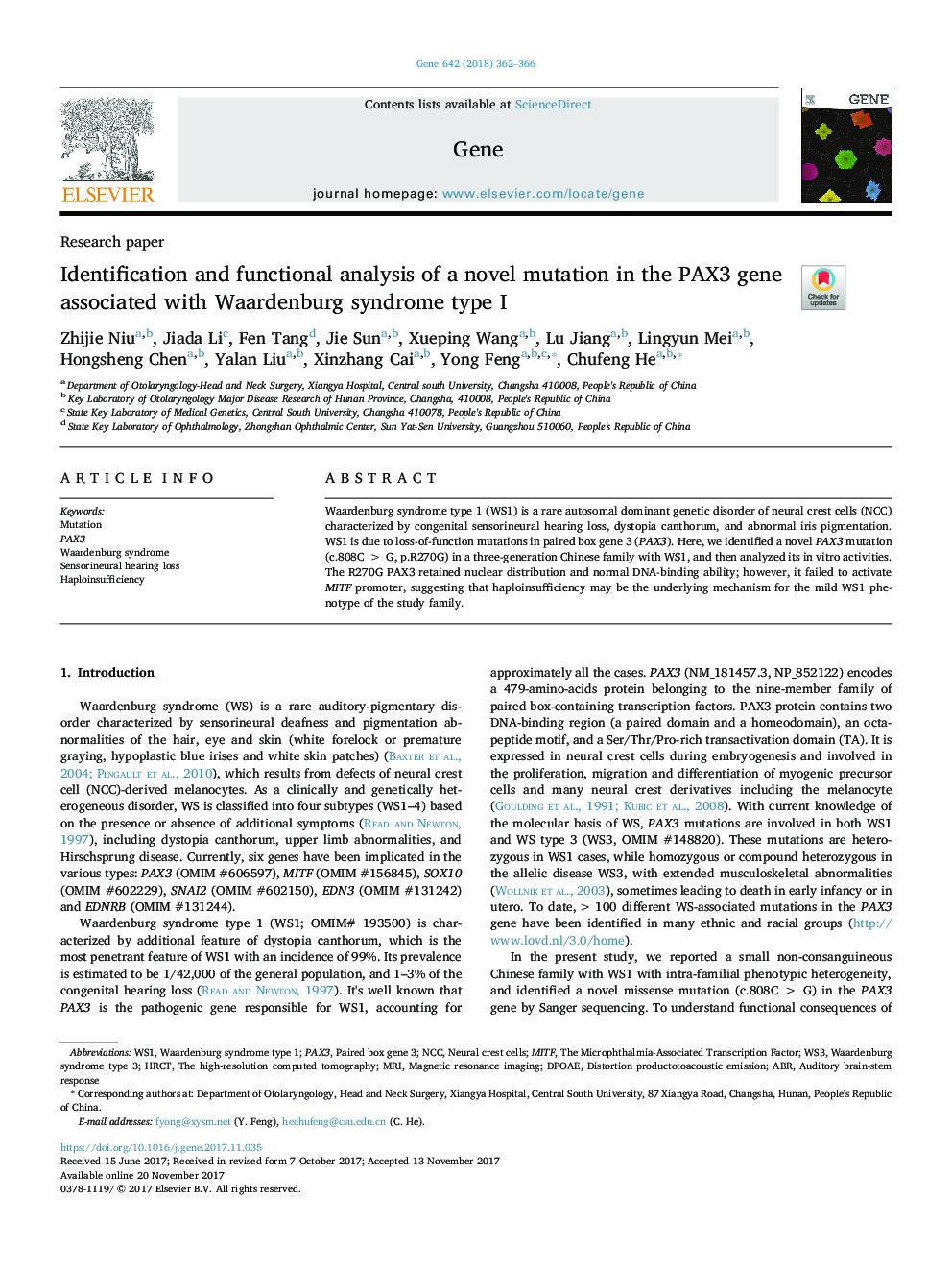 Identification and functional analysis of a novel mutation in the PAX3 gene associated with Waardenburg syndrome type I