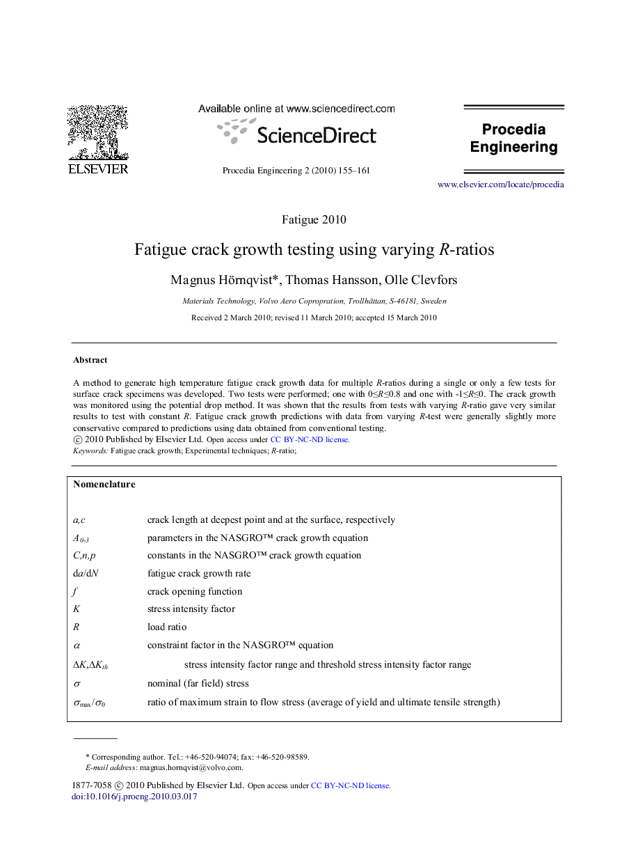 Fatigue crack growth testing using varying R-ratios