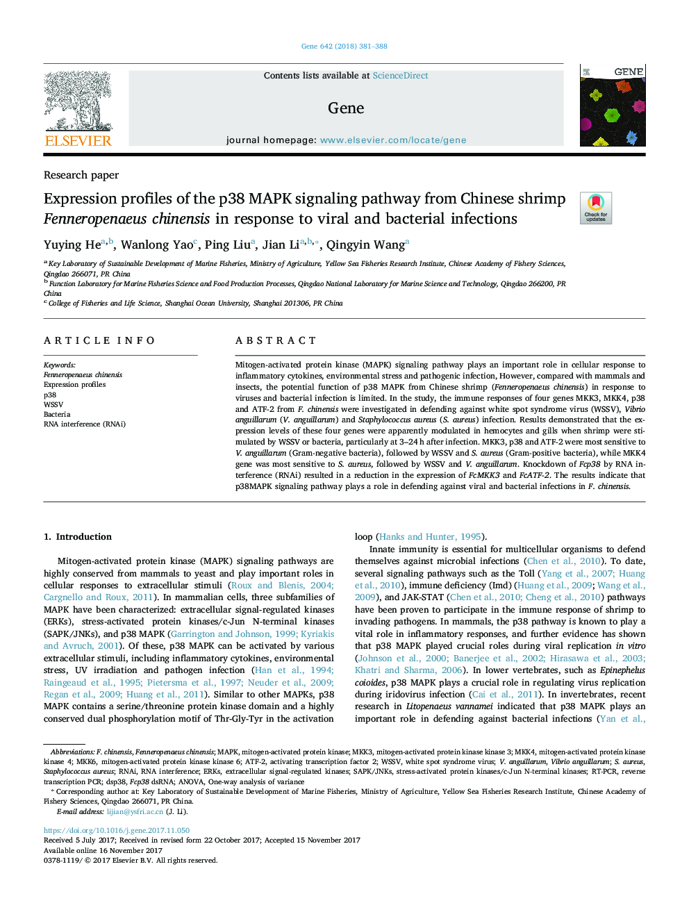 Expression profiles of the p38 MAPK signaling pathway from Chinese shrimp Fenneropenaeus chinensis in response to viral and bacterial infections