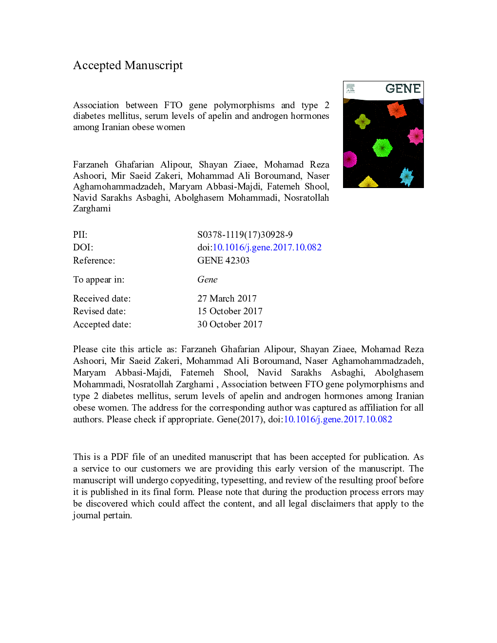 Association between FTO gene polymorphisms and type 2 diabetes mellitus, serum levels of apelin and androgen hormones among Iranian obese women