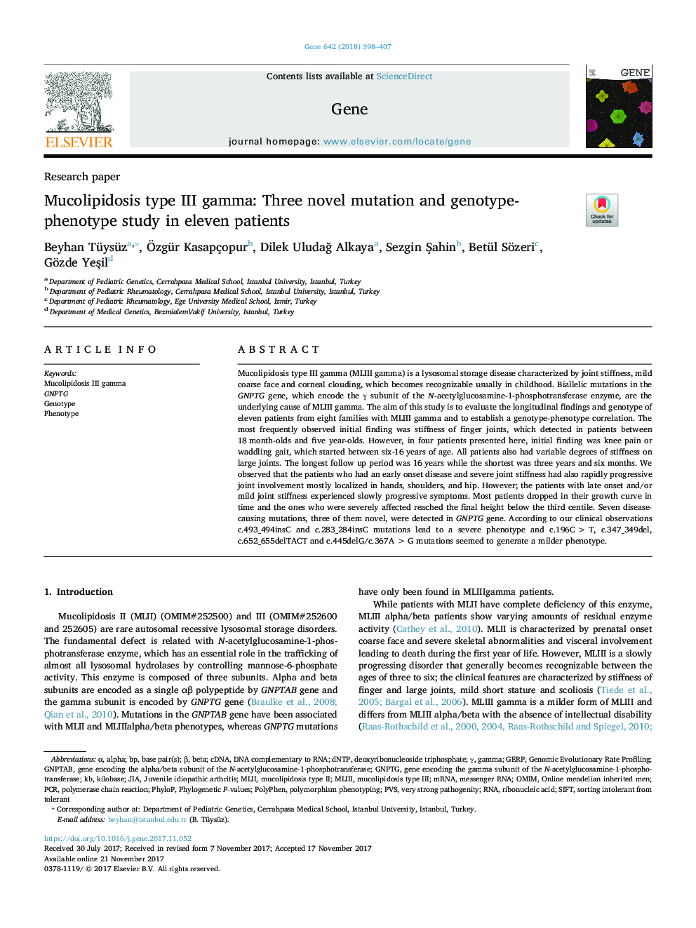 Mucolipidosis type III gamma: Three novel mutation and genotype-phenotype study in eleven patients