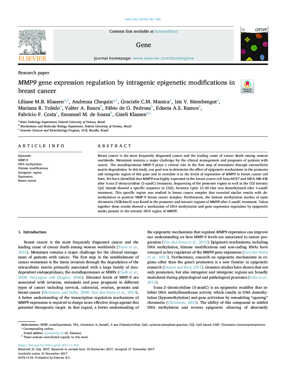 MMP9 gene expression regulation by intragenic epigenetic modifications in breast cancer