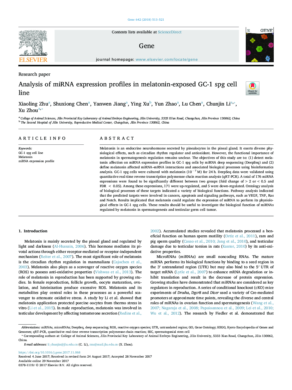 Analysis of miRNA expression profiles in melatonin-exposed GC-1 spg cell line