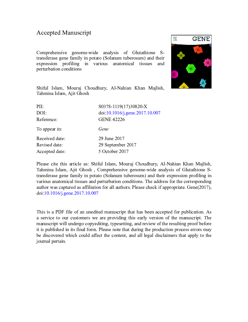 Comprehensive genome-wide analysis of Glutathione S-transferase gene family in potato (Solanum tuberosum L.) and their expression profiling in various anatomical tissues and perturbation conditions