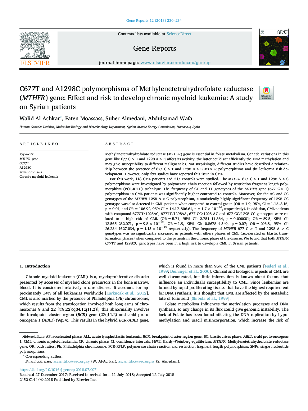 C677T and A1298C polymorphisms of Methylenetetrahydrofolate reductase (MTHFR) gene: Effect and risk to develop chronic myeloid leukemia: A study on Syrian patients