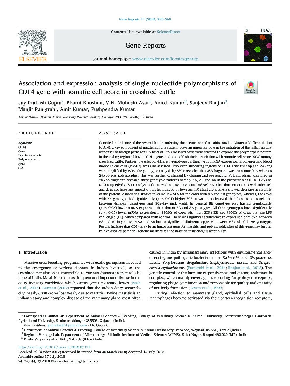 Association and expression analysis of single nucleotide polymorphisms of CD14 gene with somatic cell score in crossbred cattle