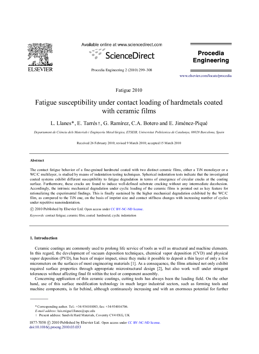 Fatigue susceptibility under contact loading of hardmetals coated with ceramic films