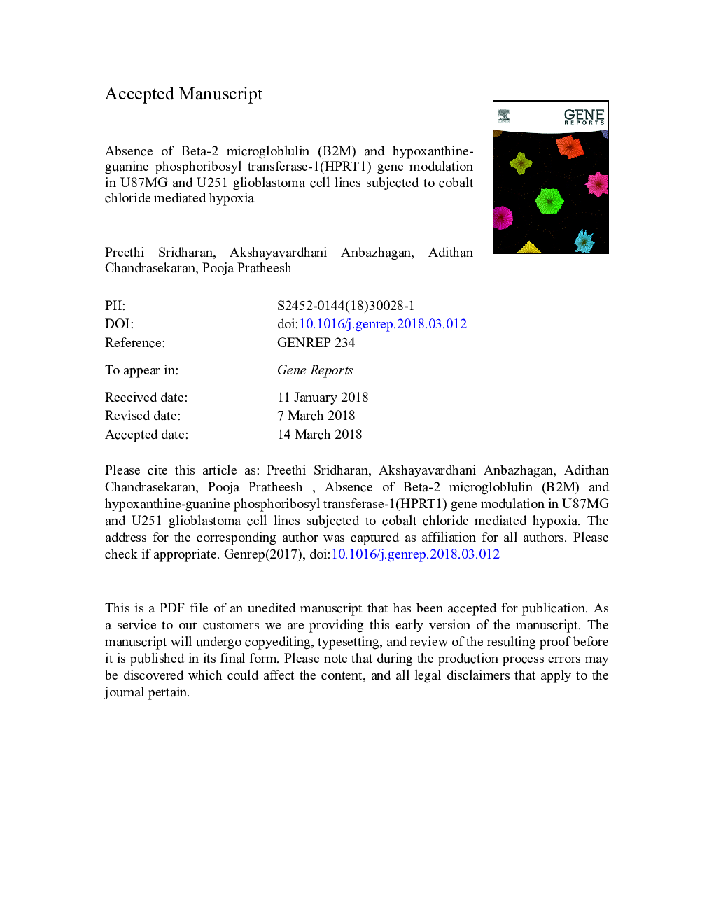 Absence of Beta-2 microgloblulin (B2M) and hypoxanthine-guanine phosphoribosyl transferase-1(HPRT1) gene modulation in U87MG and U251 Glioblastoma cell lines subjected to cobalt chloride mediated hypoxia