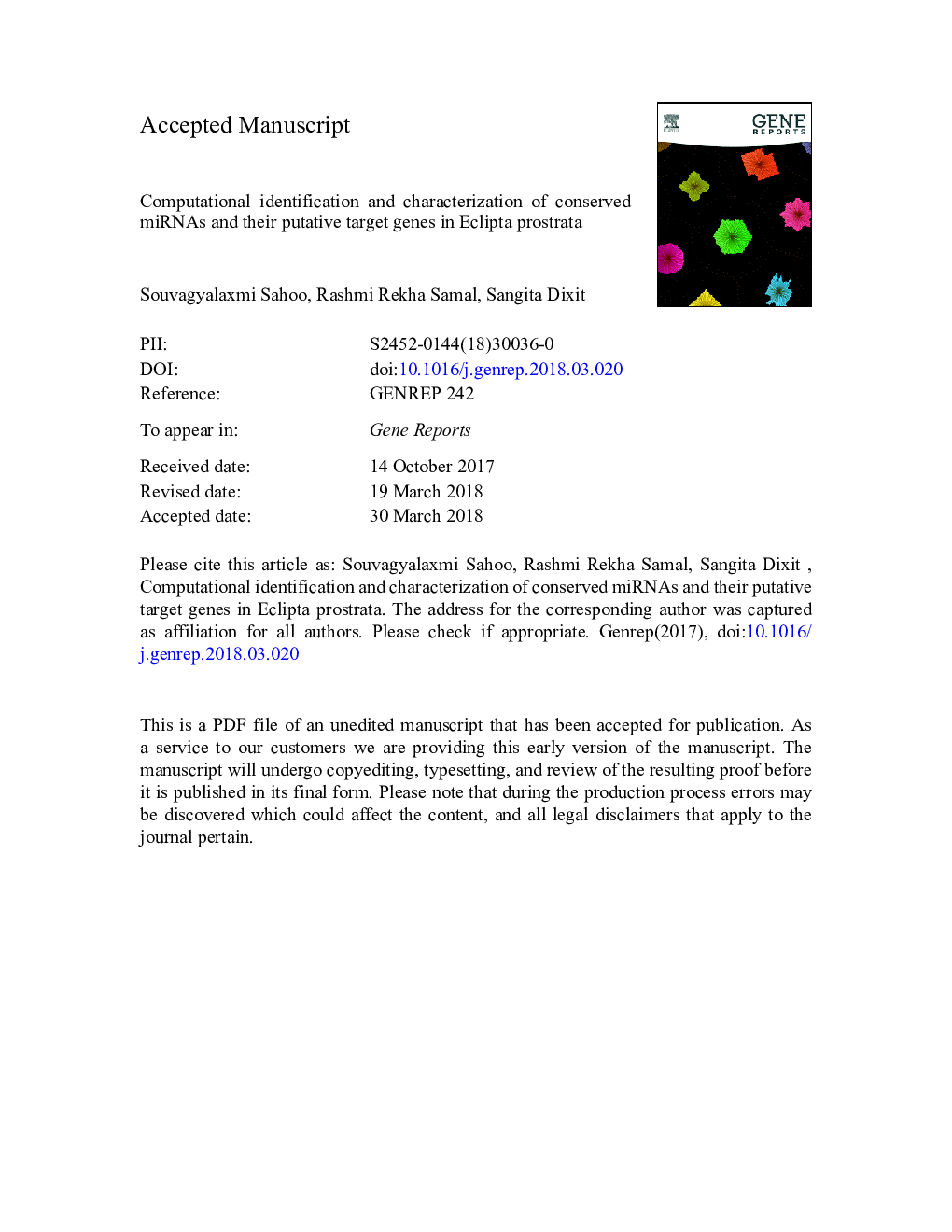 Computational identification and characterization of conserved miRNAs and their putative target genes in Eclipta prostrata