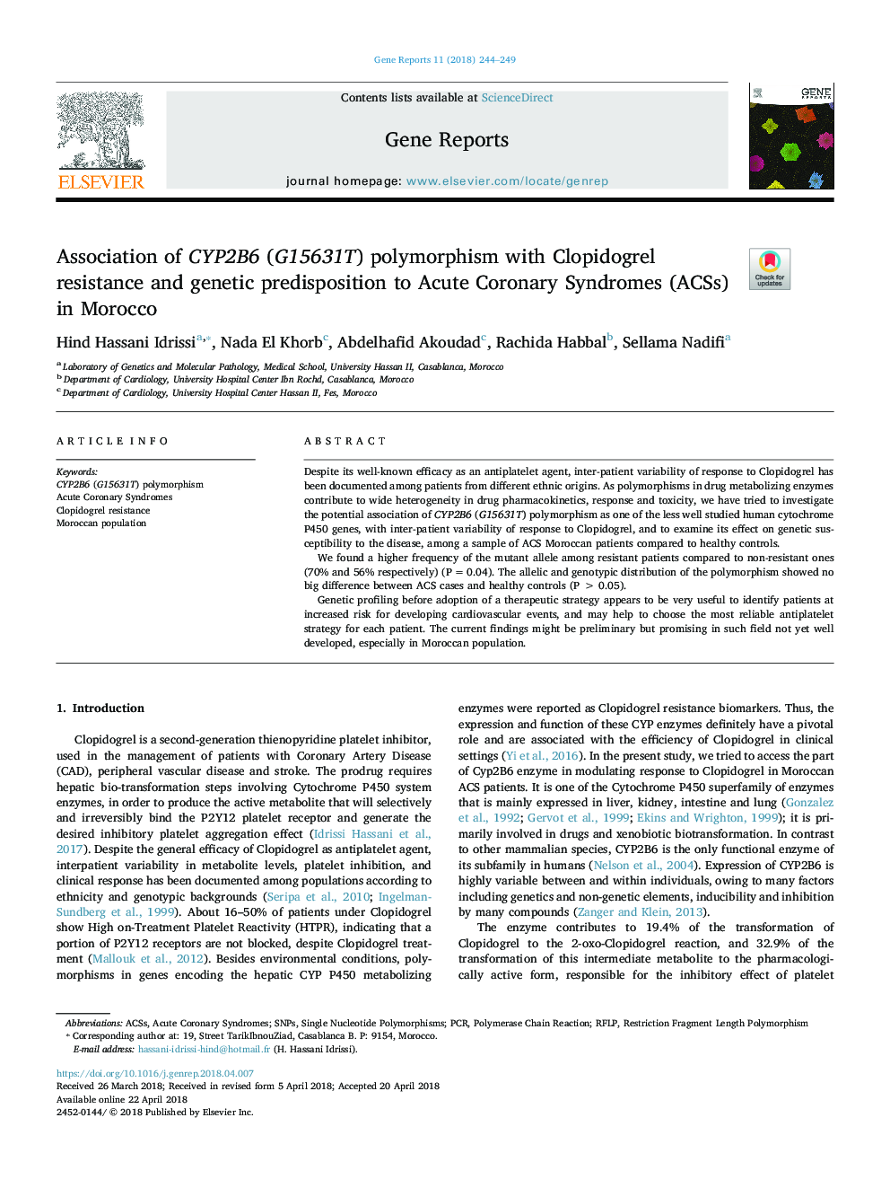 Association of CYP2B6 (G15631T) polymorphism with Clopidogrel resistance and genetic predisposition to Acute Coronary Syndromes (ACSs) in Morocco