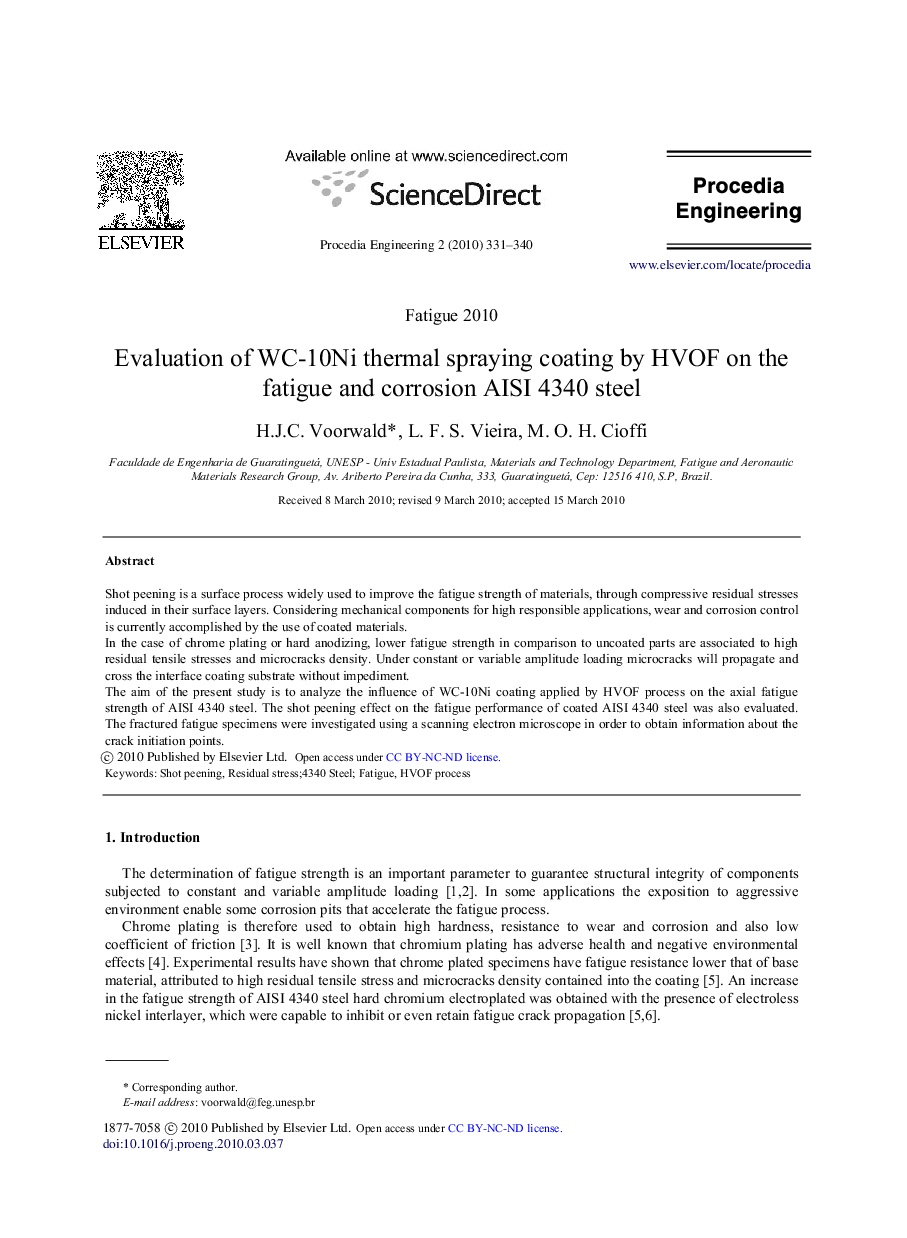 Evaluation of WC-10Ni thermal spraying coating by HVOF on the fatigue and corrosion AISI 4340 steel