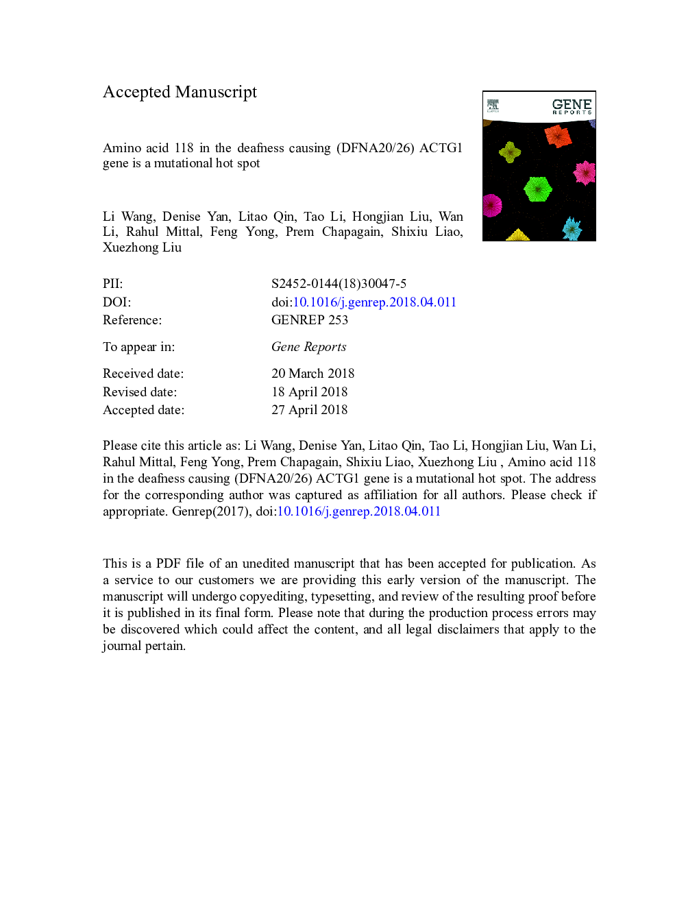 Amino acid 118 in the deafness causing (DFNA20/26) ACTG1 gene is a mutational hot spot