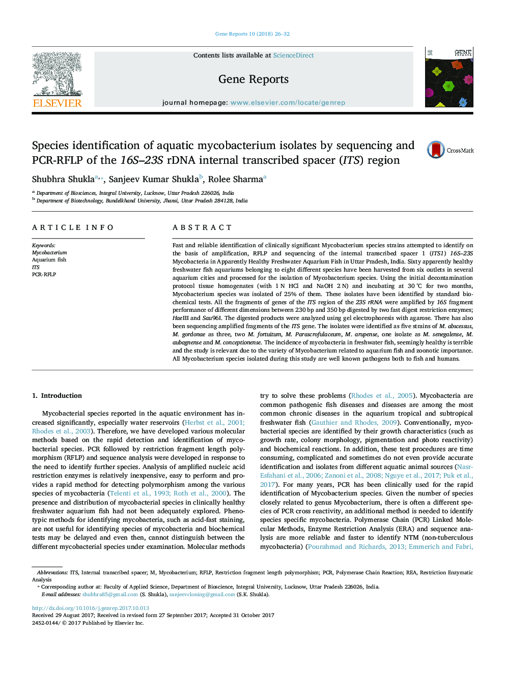 Species identification of aquatic mycobacterium isolates by sequencing and PCR-RFLP of the 16S-23S rDNA internal transcribed spacer (ITS) region