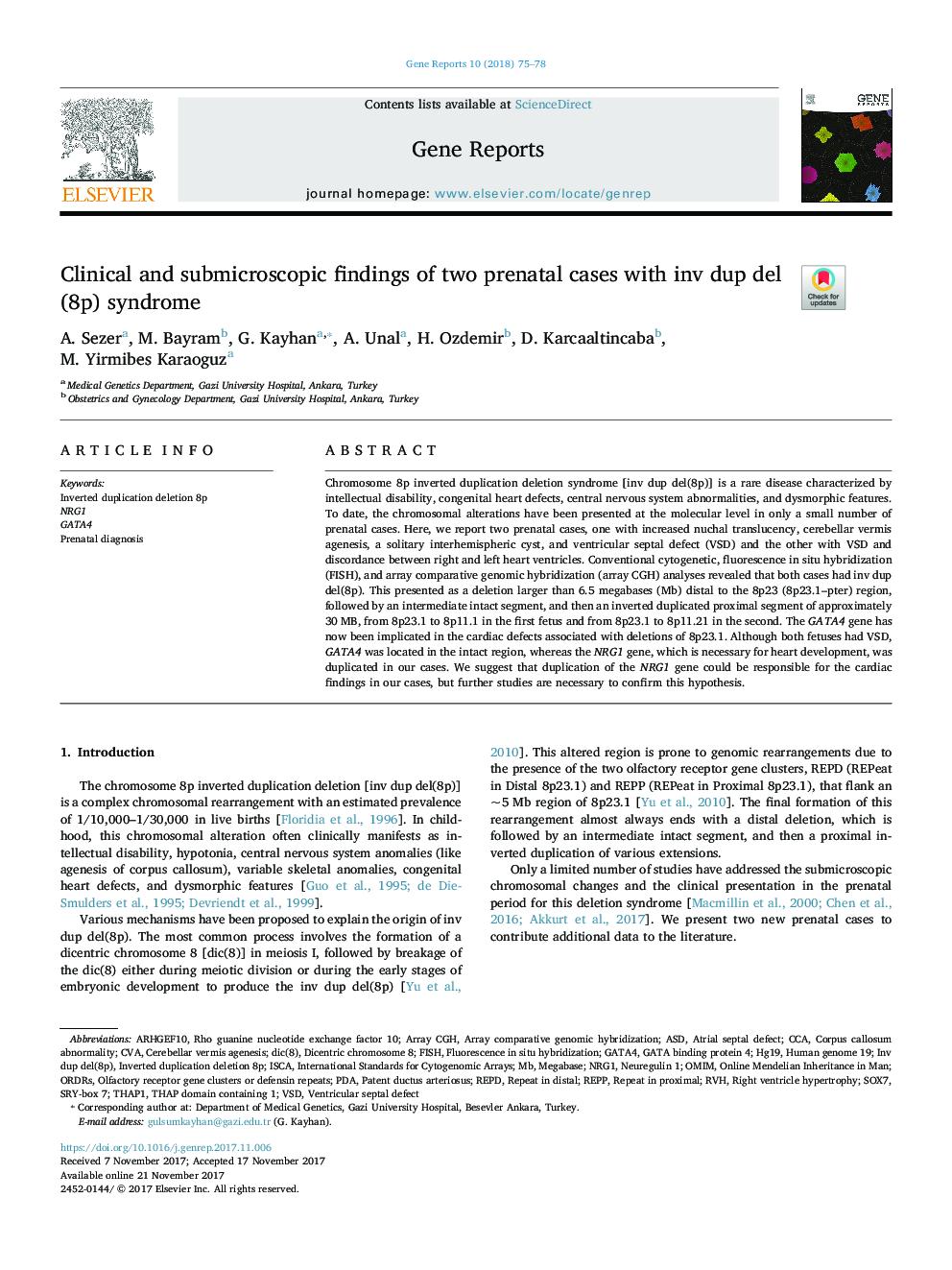 Clinical and submicroscopic findings of two prenatal cases with inv dup del(8p) syndrome