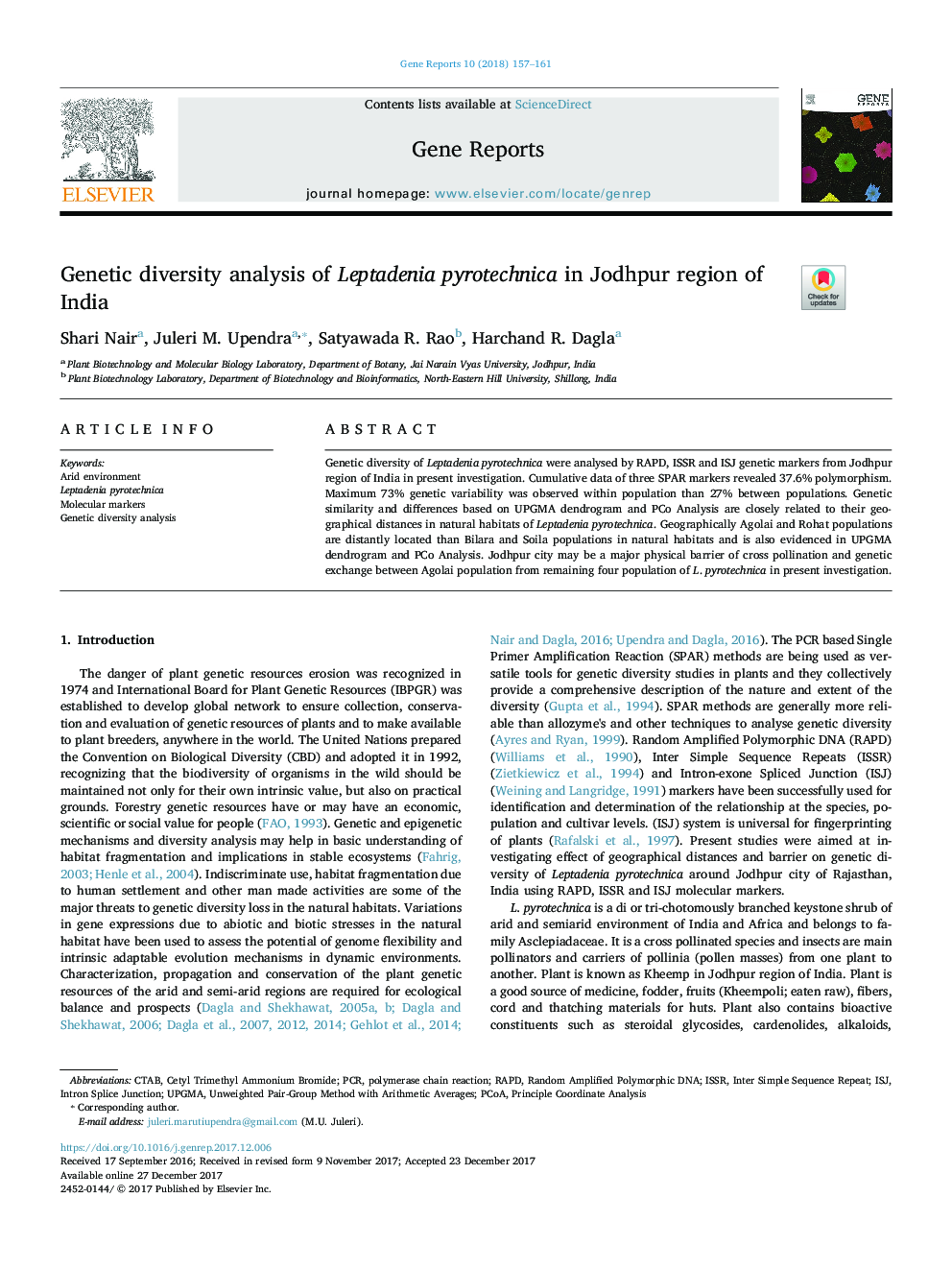 Genetic diversity analysis of Leptadenia pyrotechnica in Jodhpur region of India