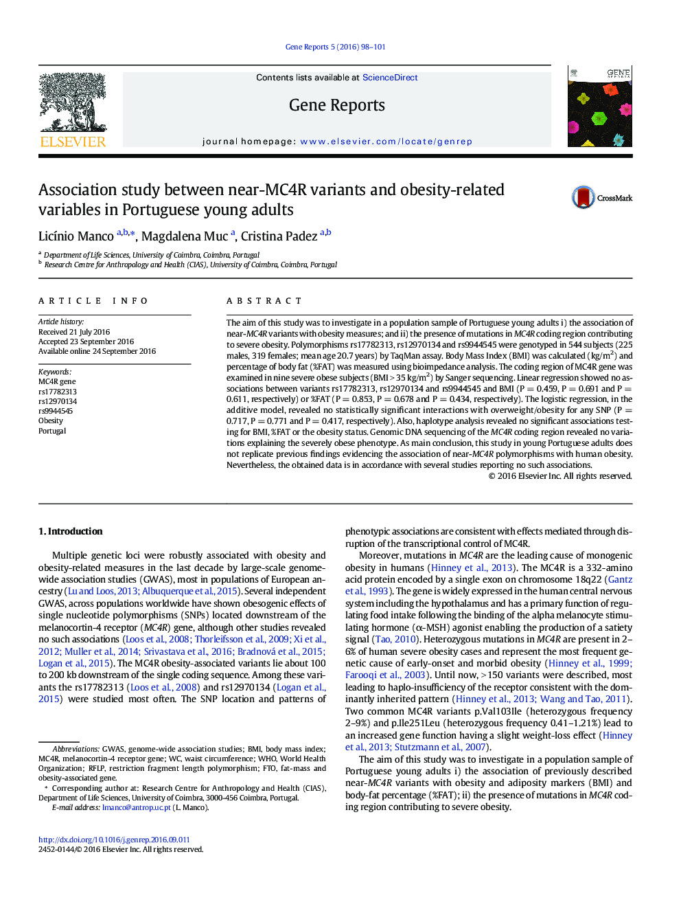 عکس صفحه اول مقاله: Association study between near-MC4R variants and obesity-related variables in Portuguese young adults Association study between near-MC4R variants and obesity-related variables in Portuguese young adults