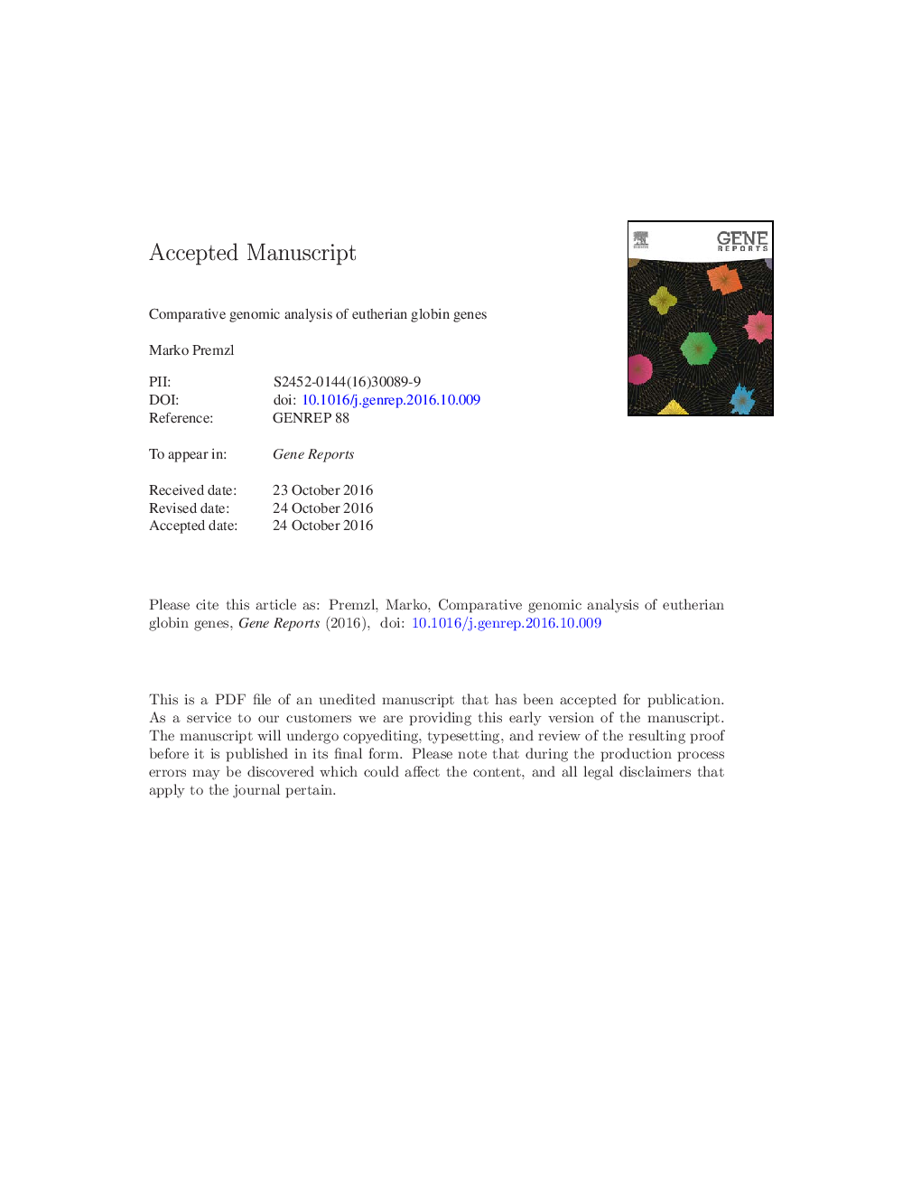 Comparative genomic analysis of eutherian globin genes