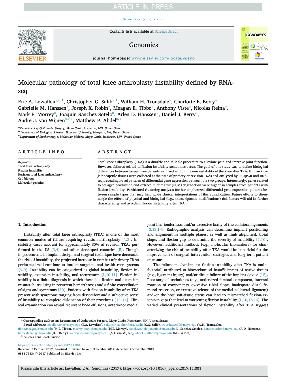 Molecular pathology of total knee arthroplasty instability defined by RNA-seq