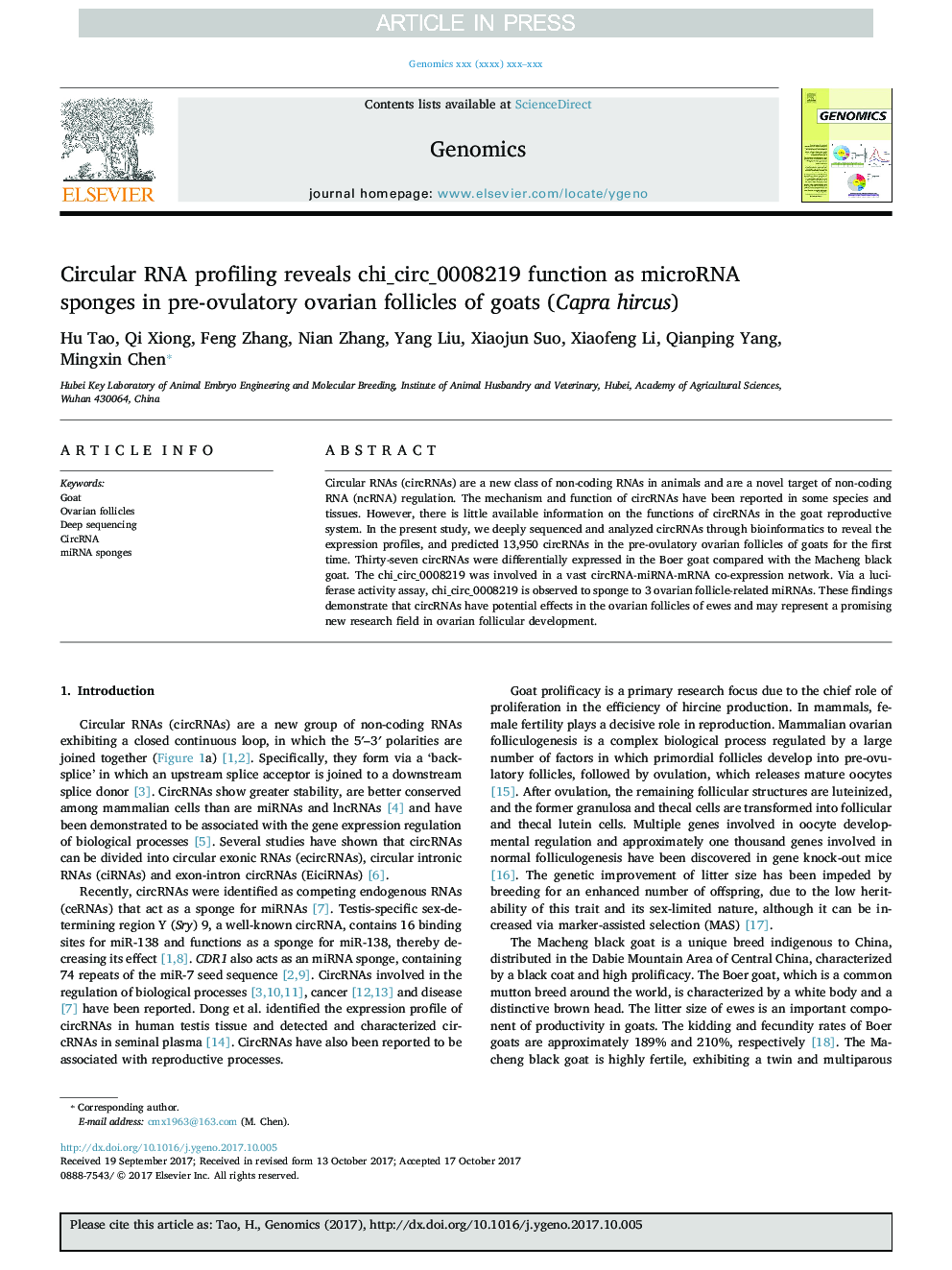 Circular RNA profiling reveals chi_circ_0008219 function as microRNA sponges in pre-ovulatory ovarian follicles of goats (Capra hircus)