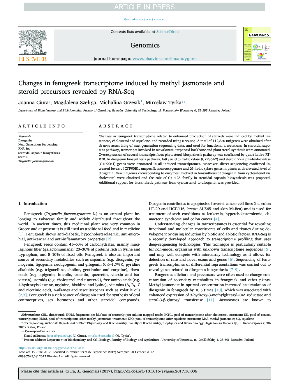 Changes in fenugreek transcriptome induced by methyl jasmonate and steroid precursors revealed by RNA-Seq