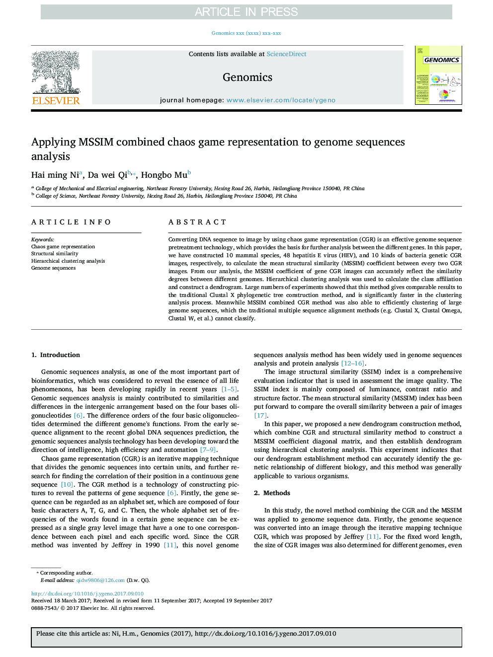 Applying MSSIM combined chaos game representation to genome sequences analysis