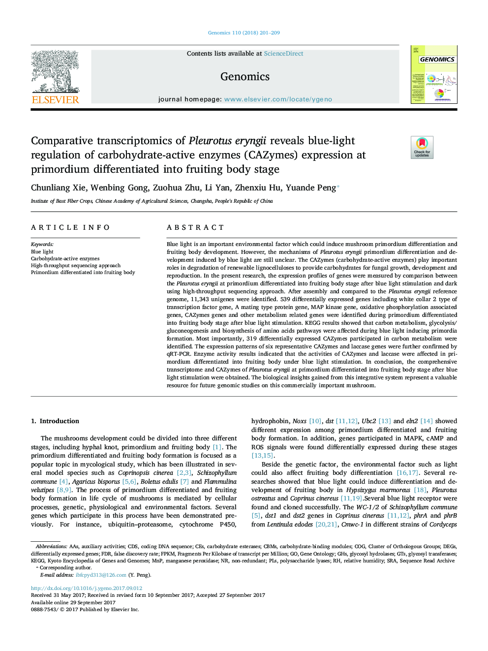 Comparative transcriptomics of Pleurotus eryngii reveals blue-light regulation of carbohydrate-active enzymes (CAZymes) expression at primordium differentiated into fruiting body stage