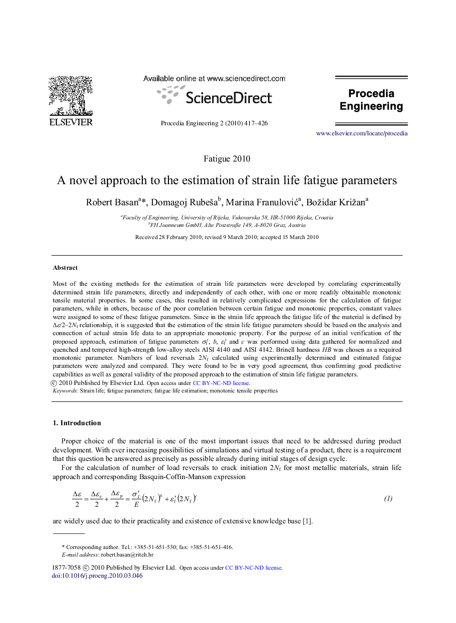 A novel approach to the estimation of strain life fatigue parameters