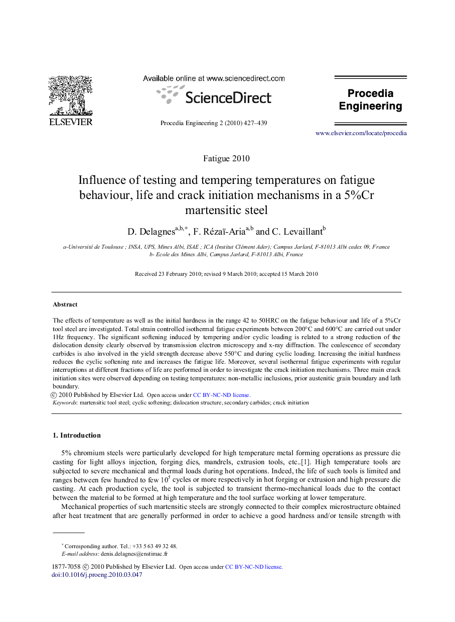 Influence of testing and tempering temperatures on fatigue behaviour, life and crack initiation mechanisms in a 5%Cr martensitic steel