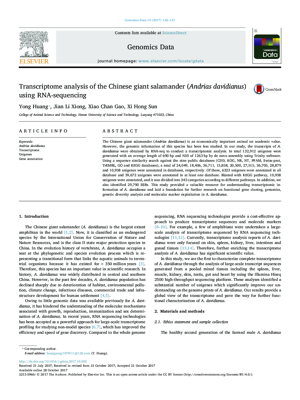 Transcriptome analysis of the Chinese giant salamander (Andrias davidianus) using RNA-sequencing