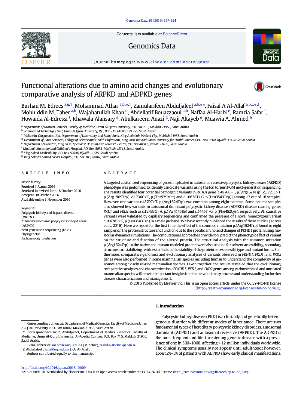 Functional alterations due to amino acid changes and evolutionary comparative analysis of ARPKD and ADPKD genes