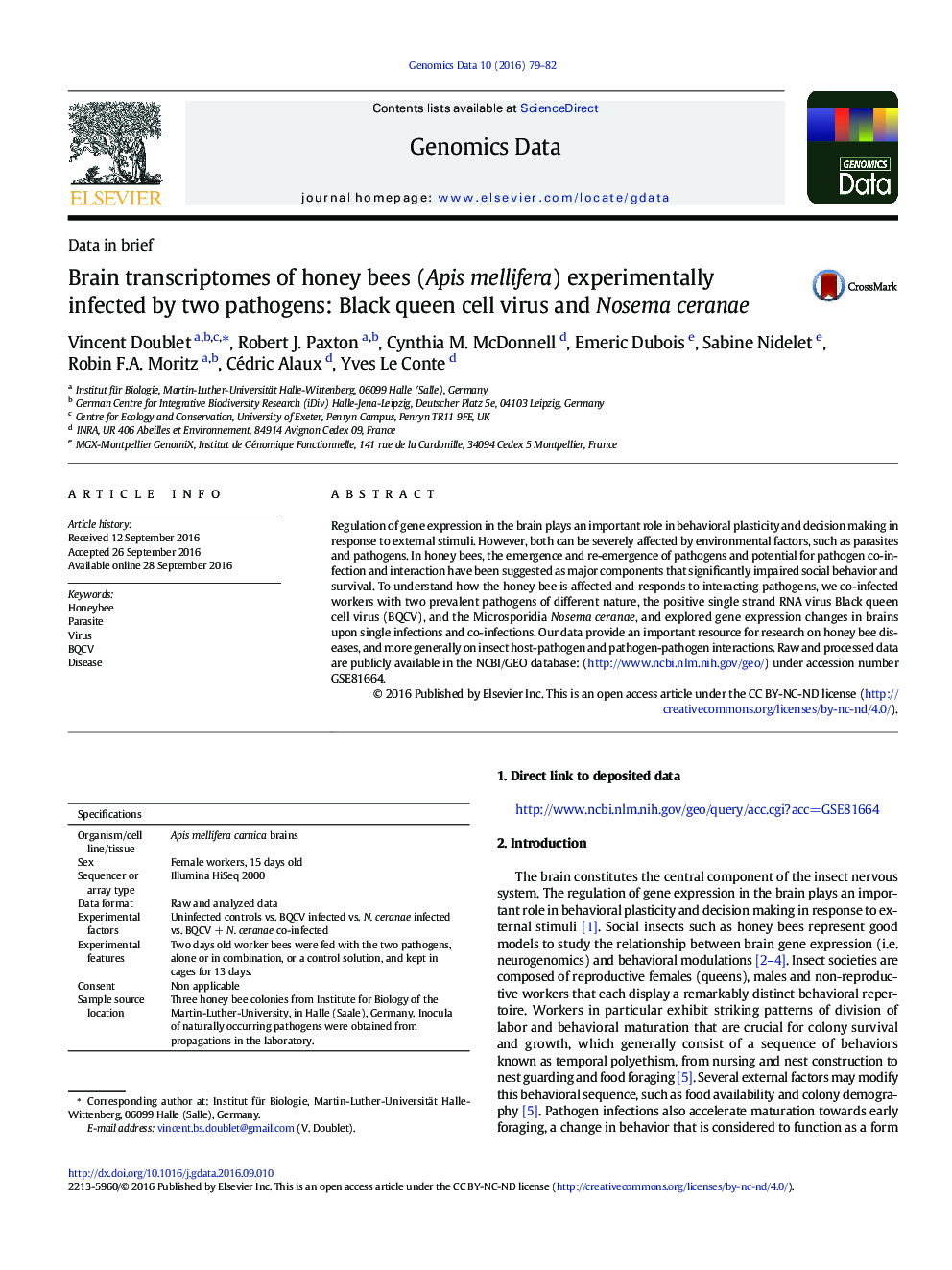 Brain transcriptomes of honey bees (Apis mellifera) experimentally infected by two pathogens: Black queen cell virus and Nosema ceranae