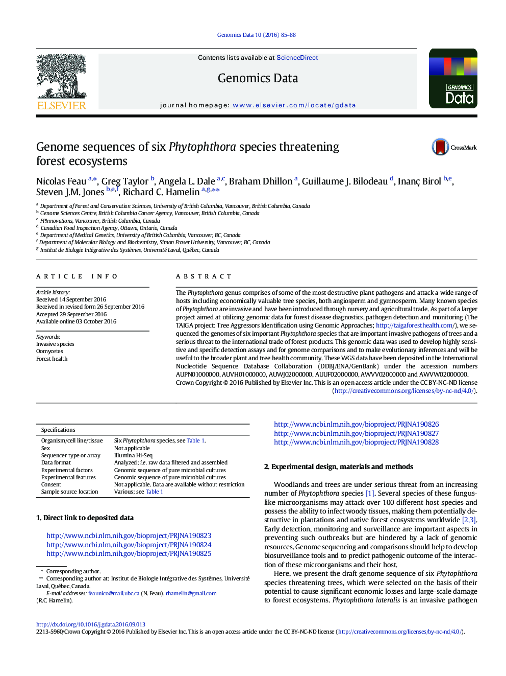 Genome sequences of six Phytophthora species threatening forest ecosystems