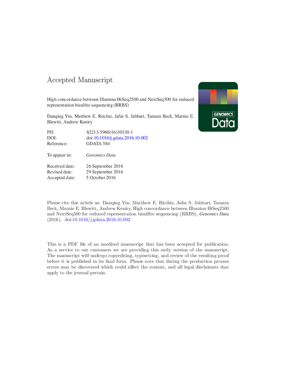 High concordance between Illumina HiSeq2500 and NextSeq500 for reduced representation bisulfite sequencing (RRBS)