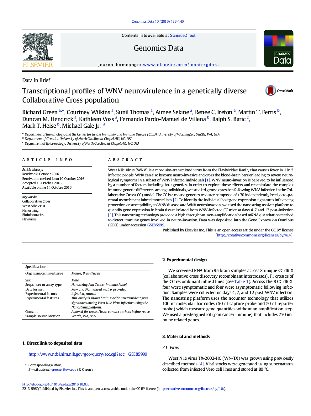 Transcriptional profiles of WNV neurovirulence in a genetically diverse Collaborative Cross population